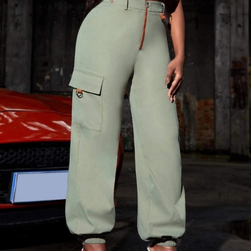 Mint Green High Waist Flap Pocket Cargo Pants - Picture 5 of 5